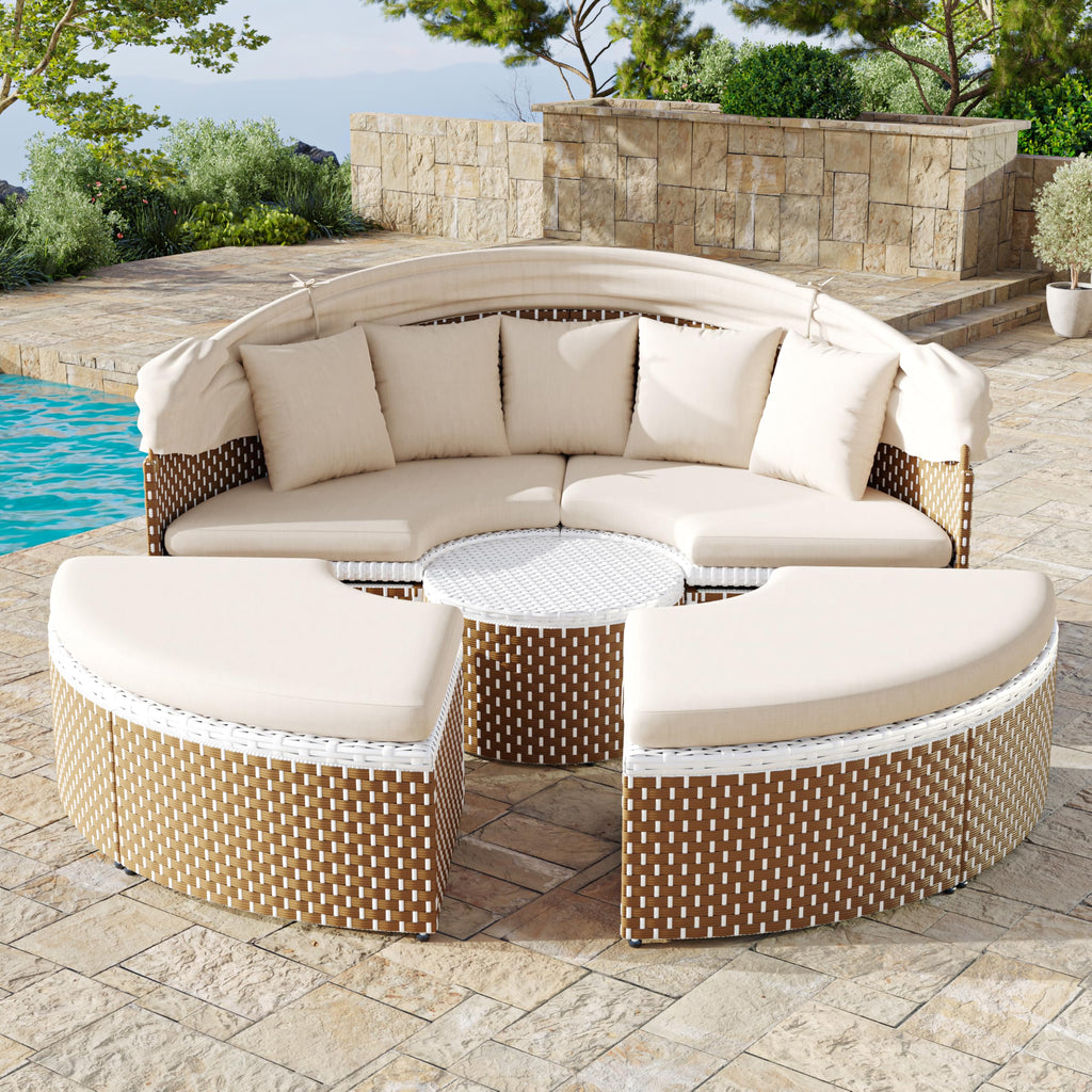 Polyrattan Sonneninsel Lounge Set mit Baldachin &amp; Kissen – Beige