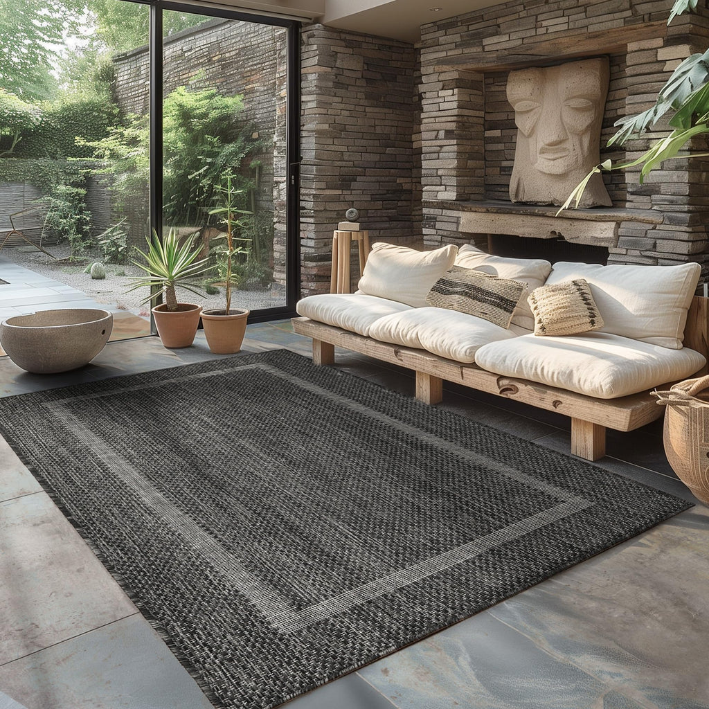 Outdoor Teppich 280×370 cm – wetterfester Balkon & Garten Teppich im Sisal-Look Schwarz