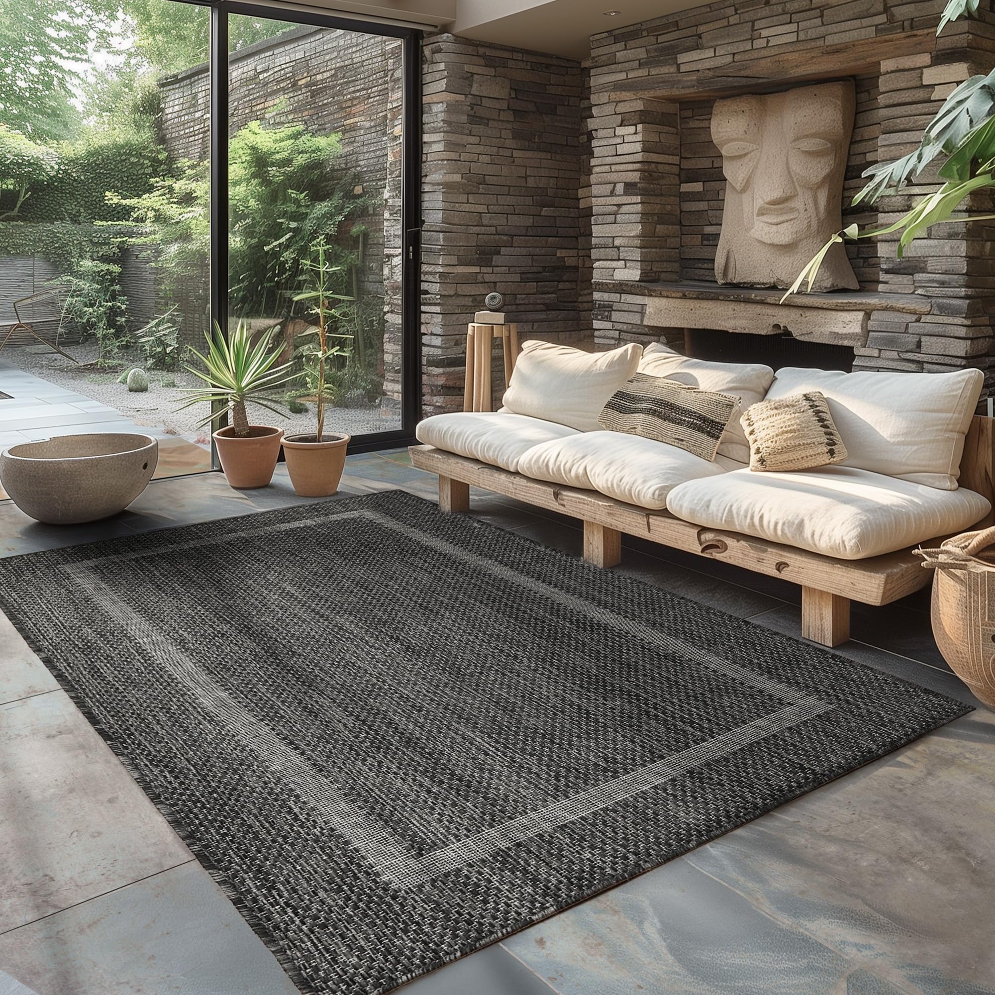 Outdoor Teppich 280×370 cm – wetterfester Balkon & Garten Teppich im Sisal-Look Schwarz