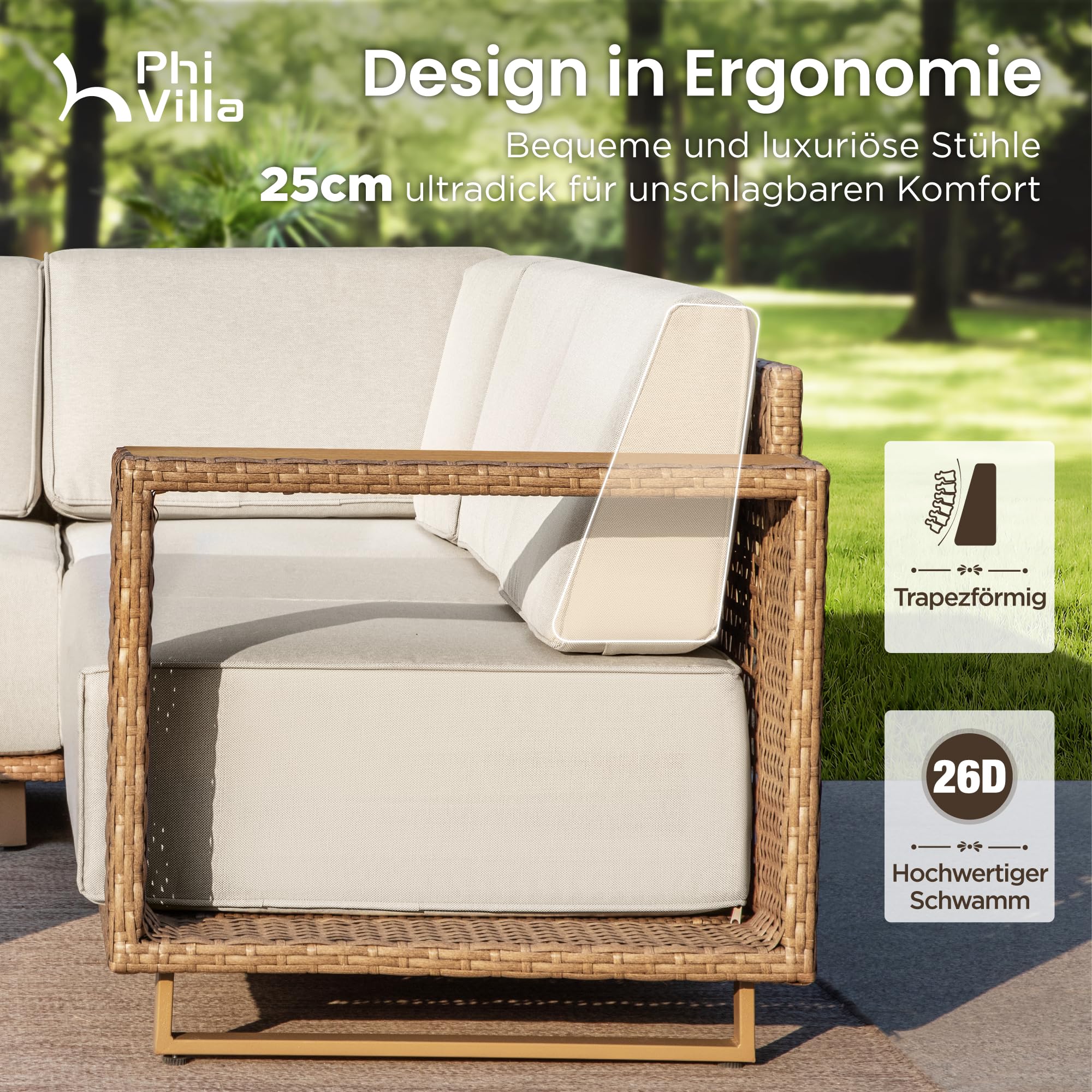 PHI VILLA Rattan Gartenmöbel Set für 6 Personen – Outdoor Lounge Sofa Balkon Terrasse