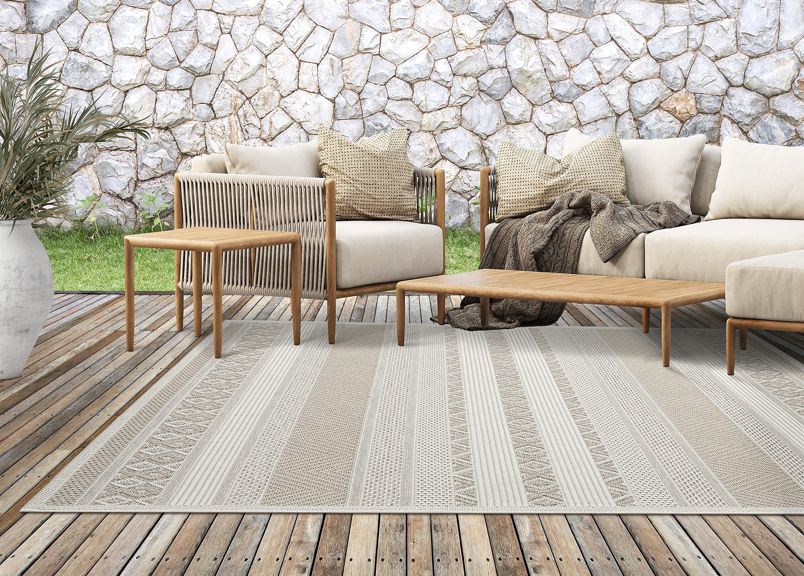 Outdoor Teppich Beige Boho – Wetterfest für Balkon, Terrasse & Garten
