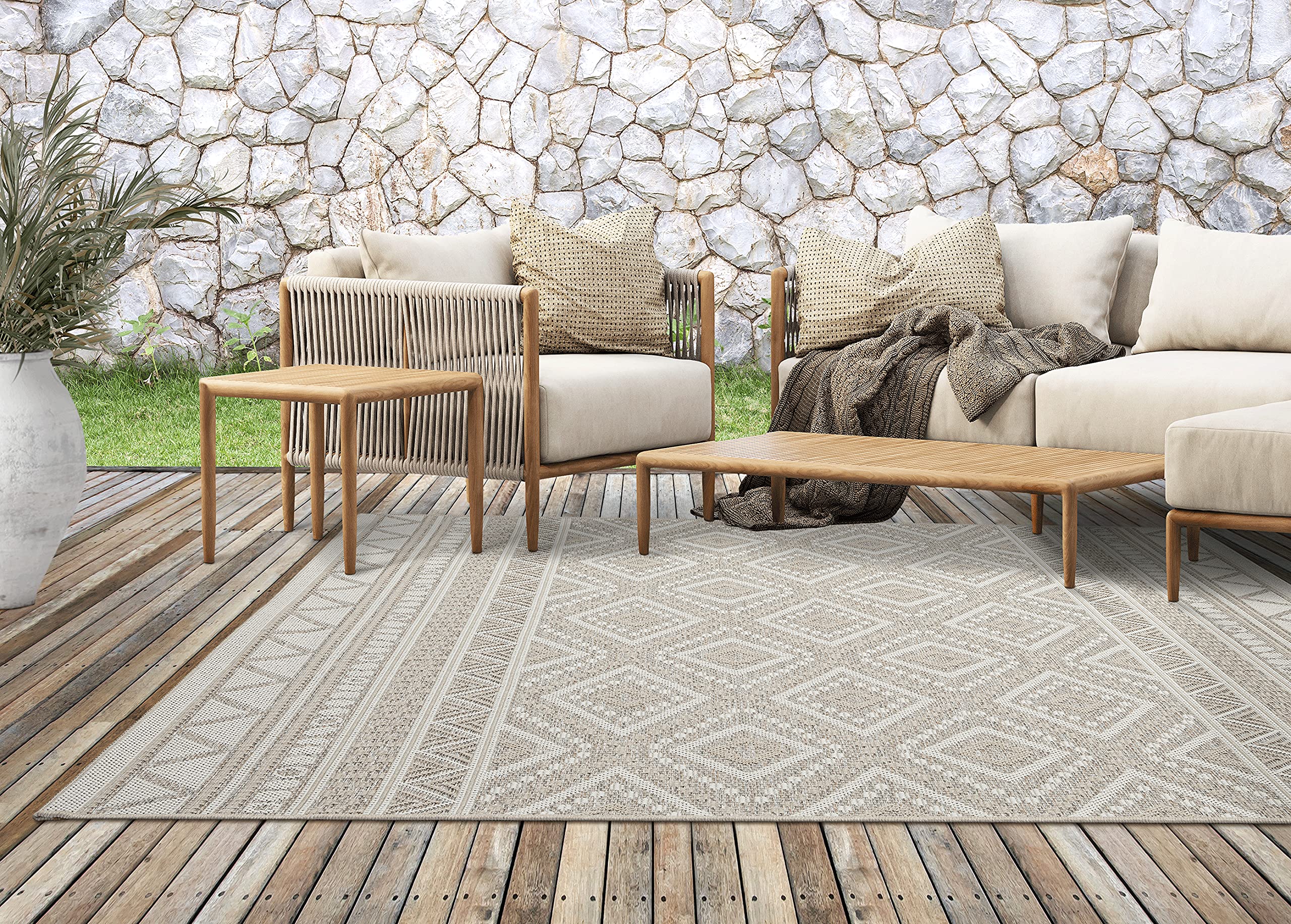 Outdoor Teppich Boho Beige – Wetterfest für Balkon, Terrasse & Garten