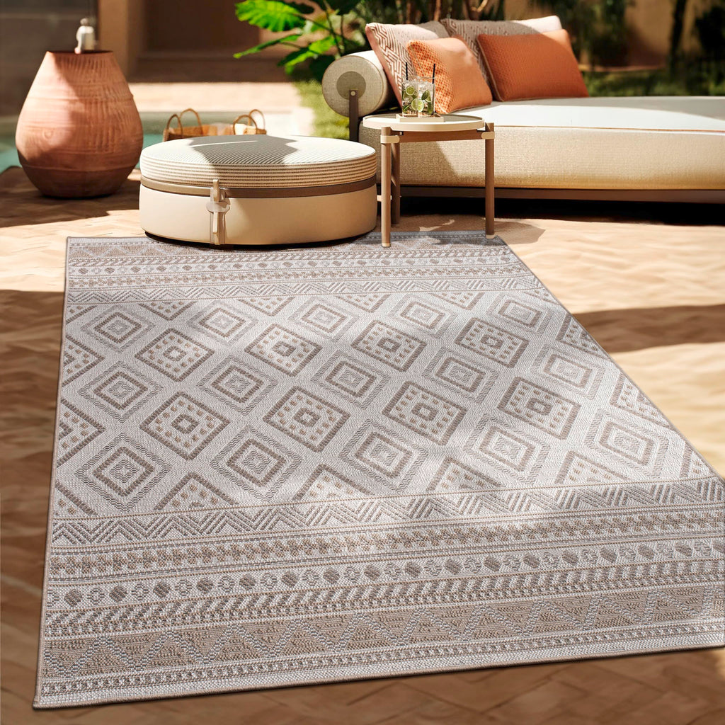 Boho Outdoor Teppich Beige – Moderner Balkon & Terrasse Teppich wetterfest