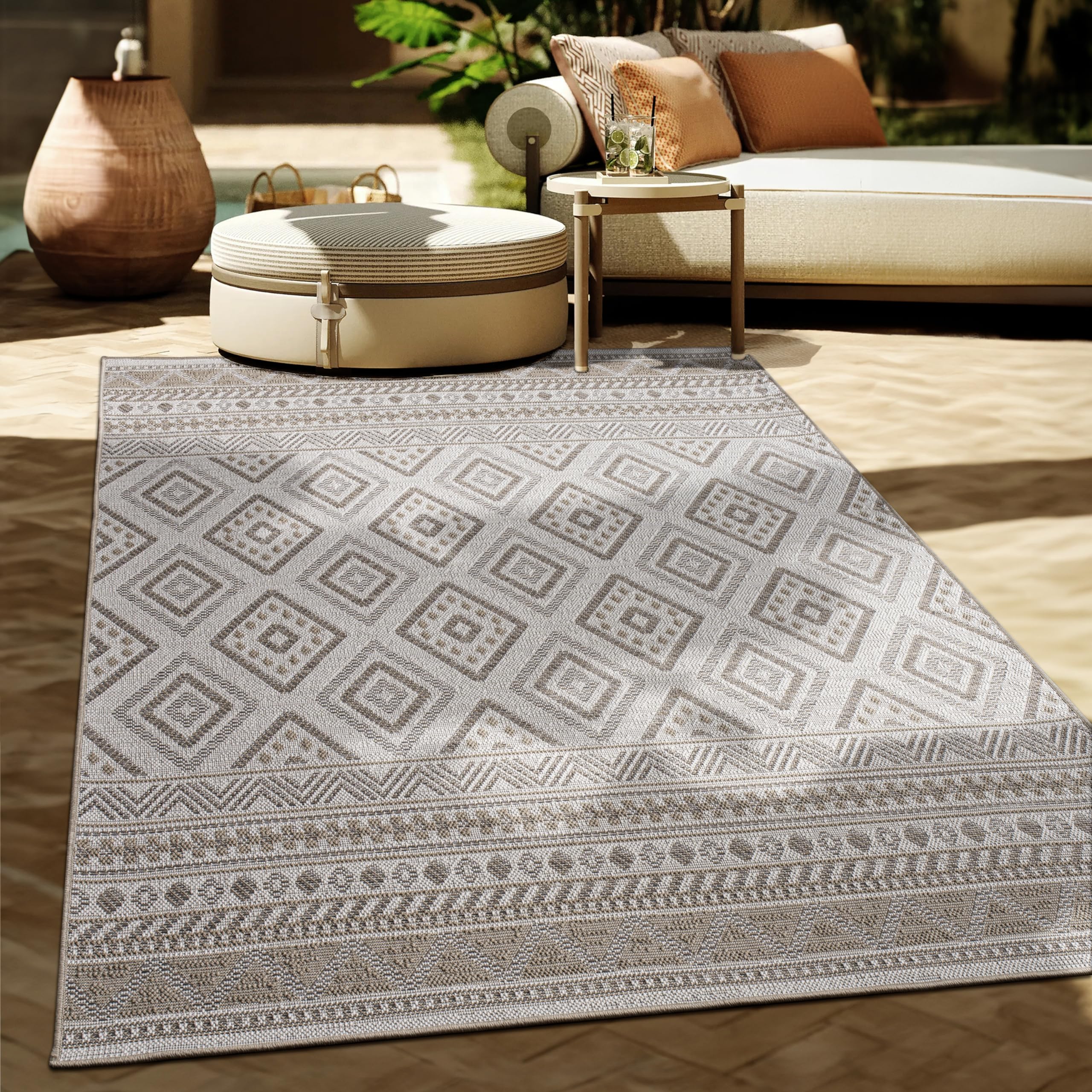 Boho Outdoor Teppich Beige – Moderner Balkon & Terrasse Teppich wetterfest