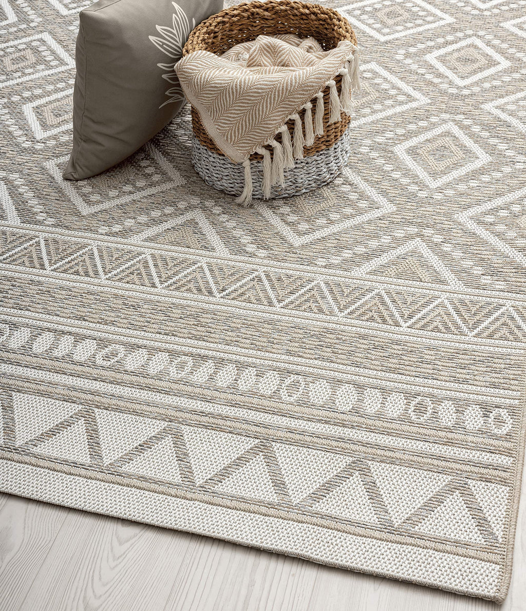Outdoor Teppich Boho Beige – Wetterfest für Balkon, Terrasse & Garten