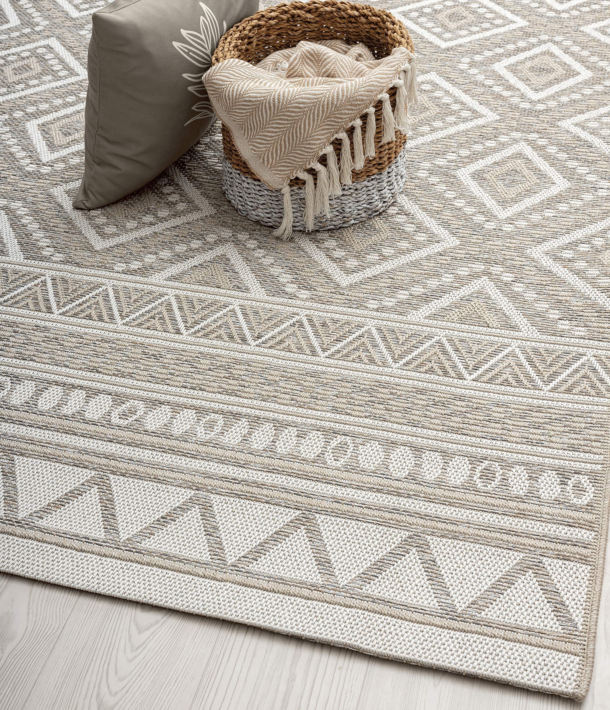 Outdoor Teppich Boho Beige – Wetterfest für Balkon, Terrasse & Garten